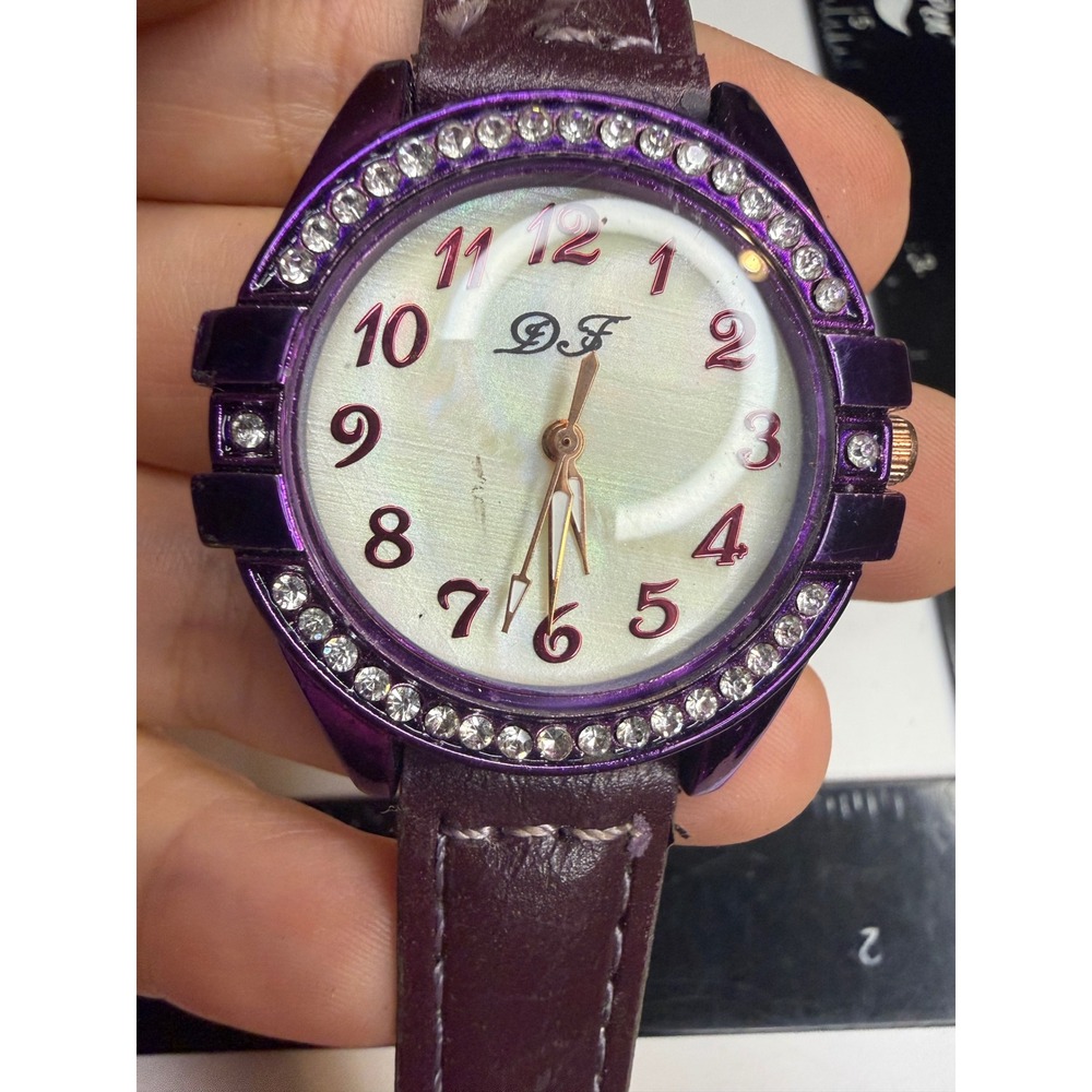 DF Purple Metallic Rhinestone Bezel Watch Mother of Pearl Dial Faux Leather Band